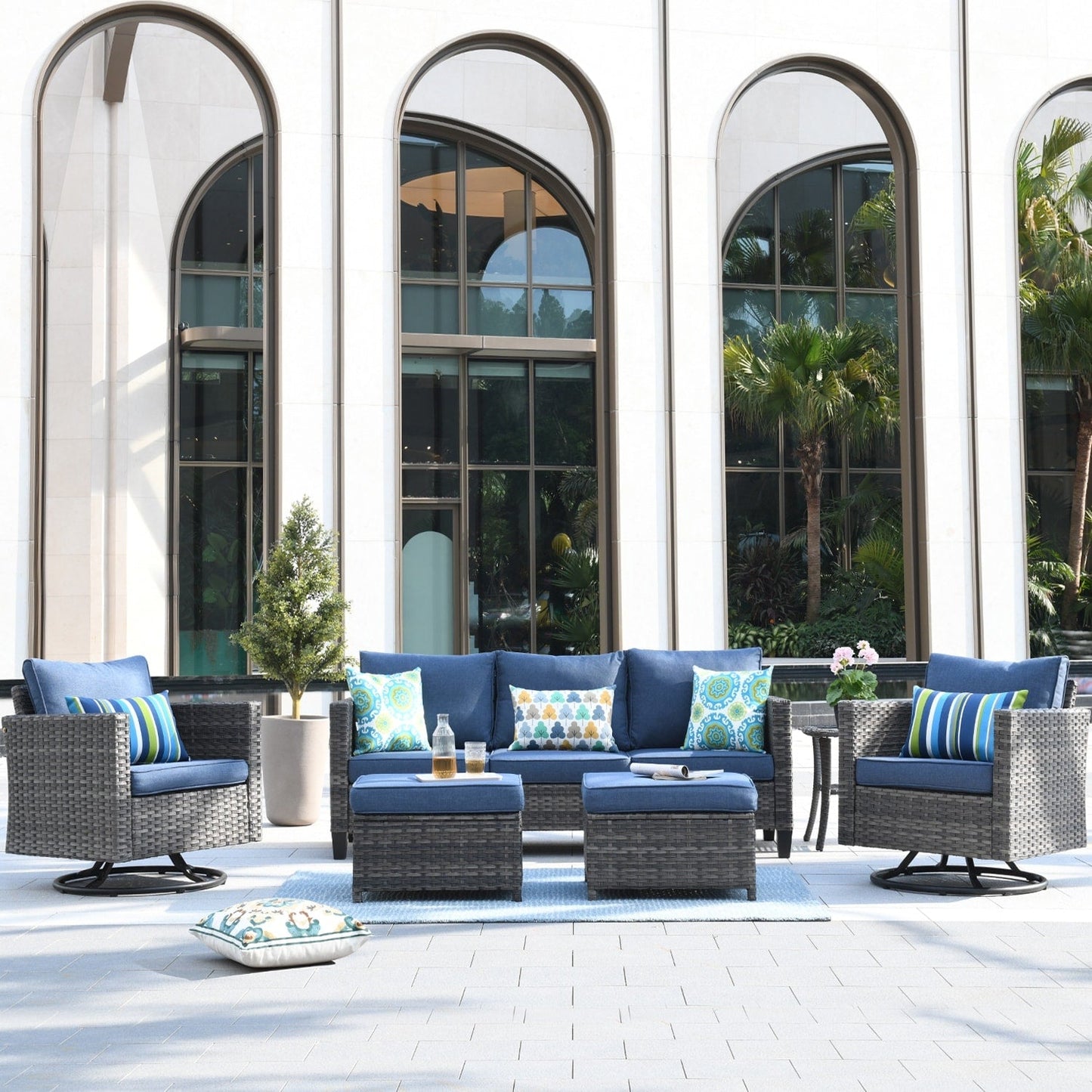 OVIOS 6-piece Patio Wicker Conversation Sofa Set with Swivel Rocking Chairs