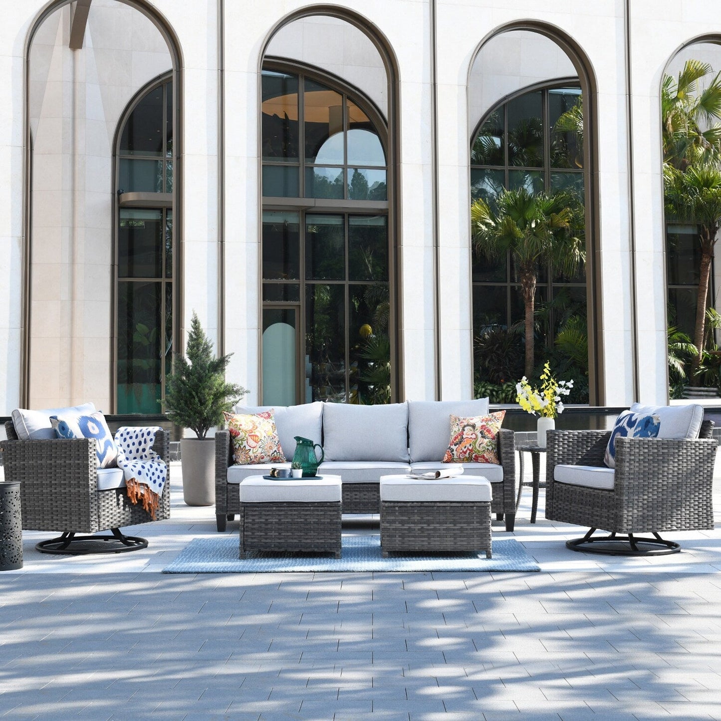 OVIOS 6-piece Patio Wicker Conversation Sofa Set with Swivel Rocking Chairs