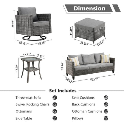 OVIOS 6-piece Patio Wicker Conversation Sofa Set with Swivel Rocking Chairs