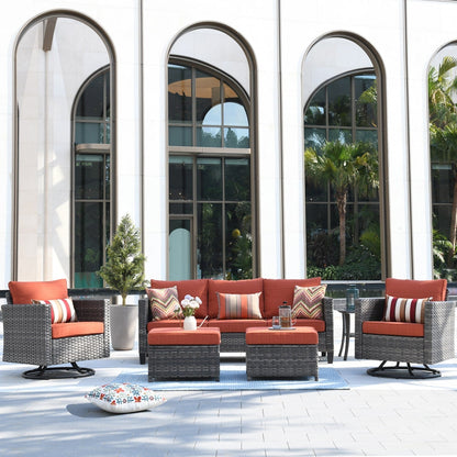 OVIOS 6-piece Patio Wicker Conversation Sofa Set with Swivel Rocking Chairs