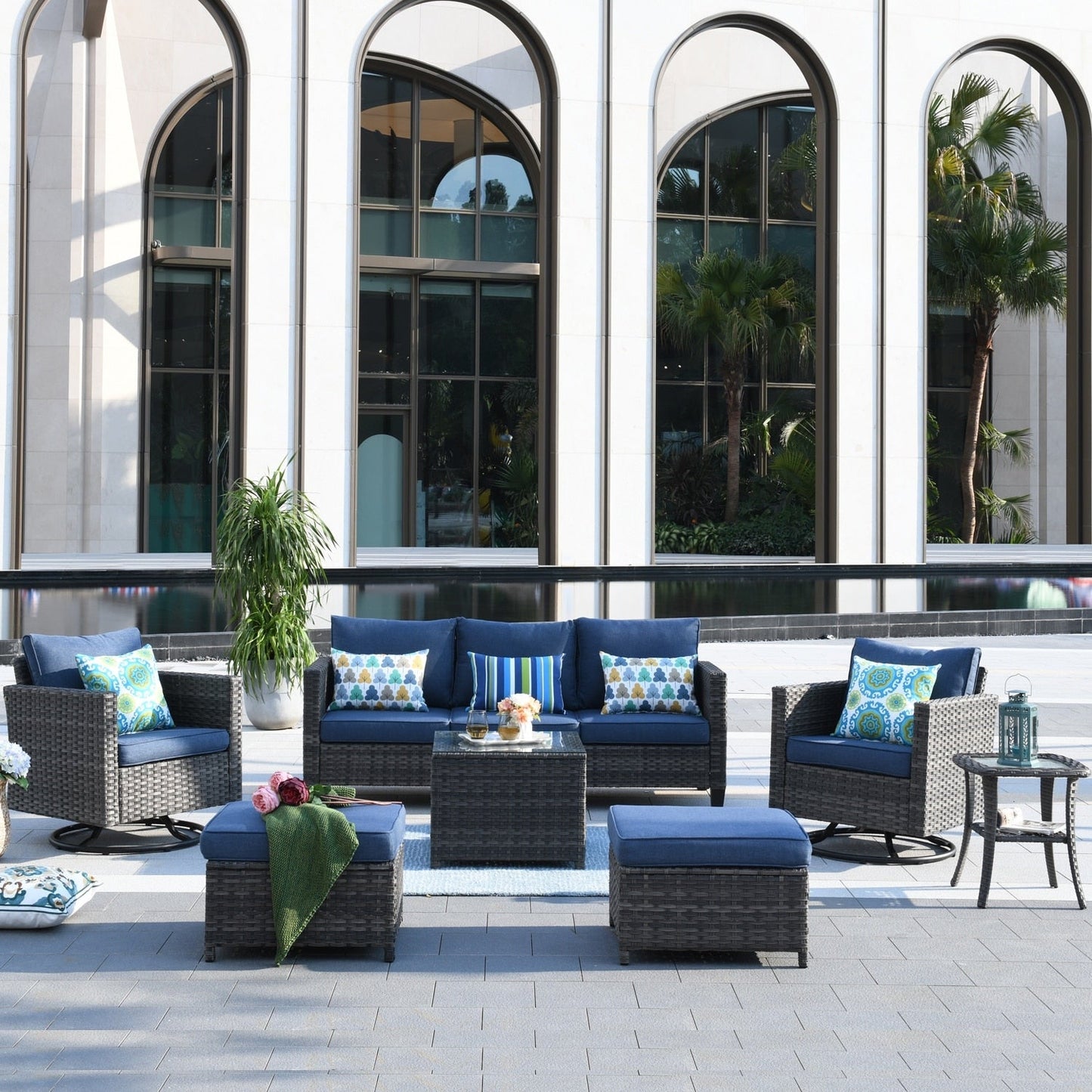 OVIOS 7-piece Patio Furniture Wicker Set with Swivel Rocking Chairs