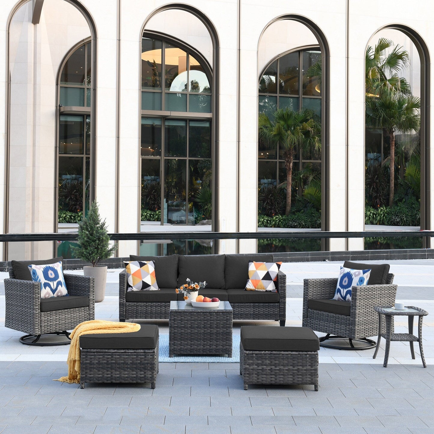 OVIOS 7-piece Patio Furniture Wicker Set with Swivel Rocking Chairs