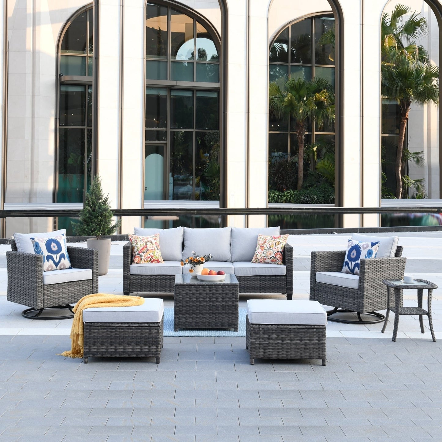 OVIOS 7-piece Patio Furniture Wicker Set with Swivel Rocking Chairs