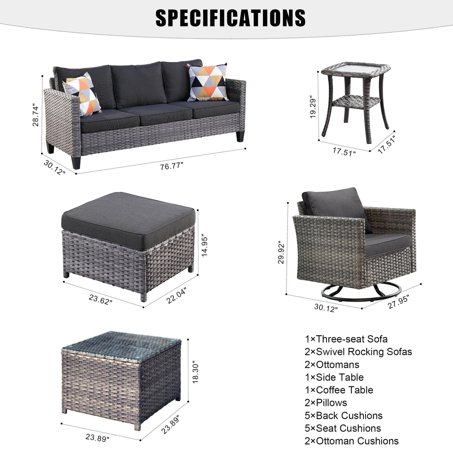 OVIOS 7-piece Patio Furniture Wicker Set with Swivel Rocking Chairs