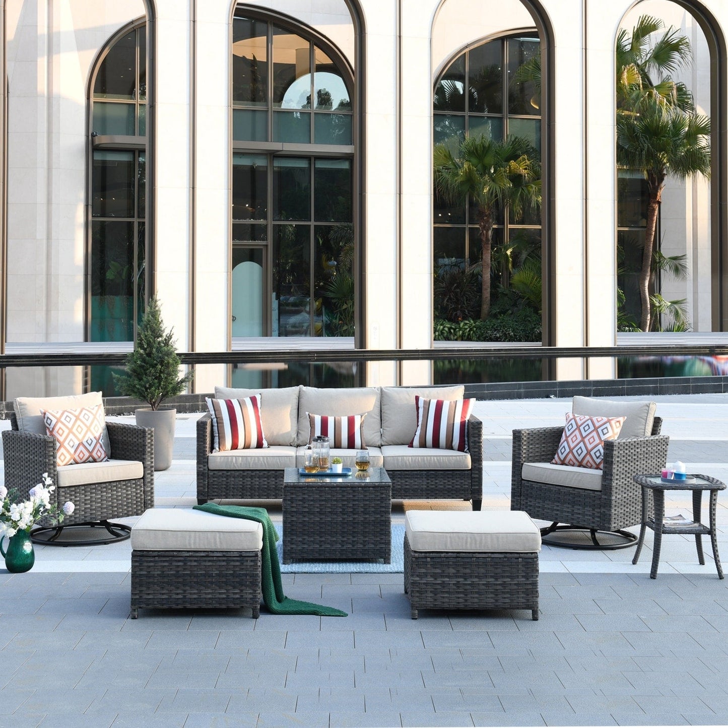 OVIOS 7-piece Patio Furniture Wicker Set with Swivel Rocking Chairs