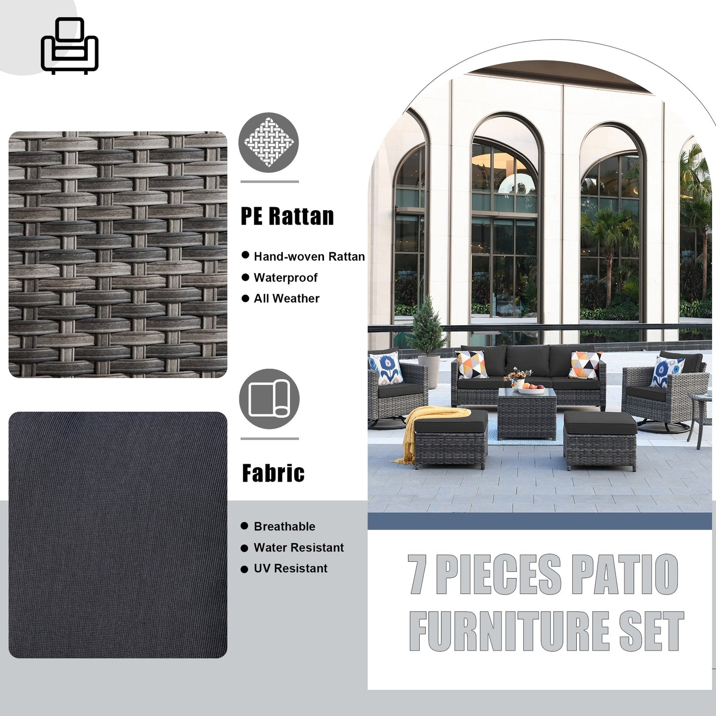 OVIOS 7-piece Patio Furniture Wicker Set with Swivel Rocking Chairs