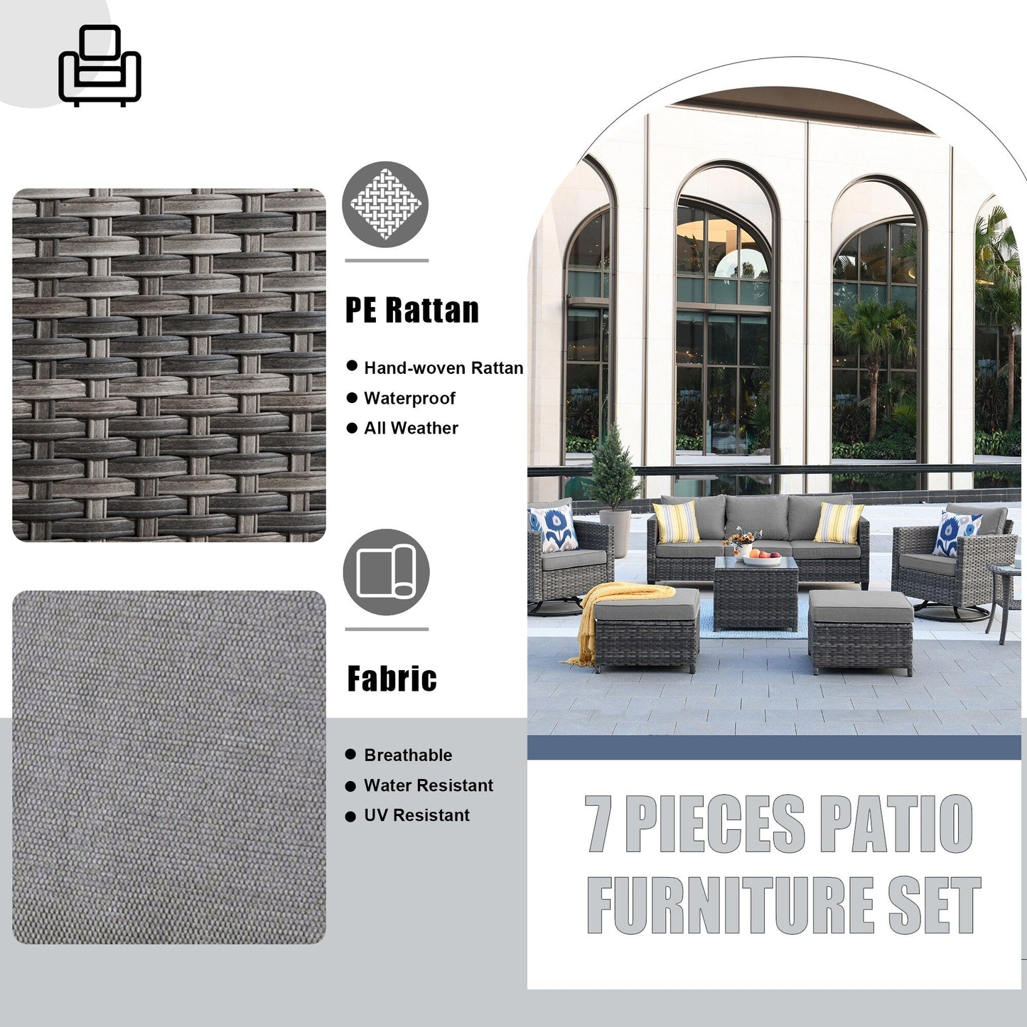 OVIOS 7-piece Patio Furniture Wicker Set with Swivel Rocking Chairs