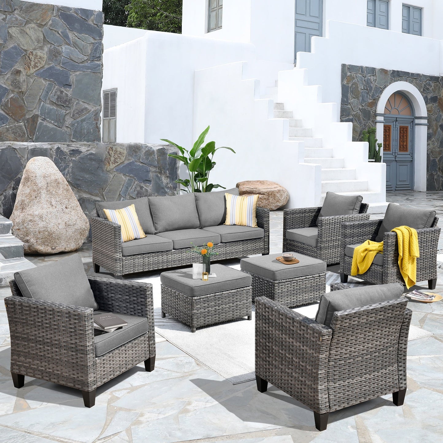 OVIOS 7-piece Patio Outdoor Wicker Conversation Set