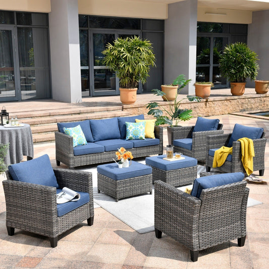 OVIOS 7-piece Patio Outdoor Wicker Conversation Set