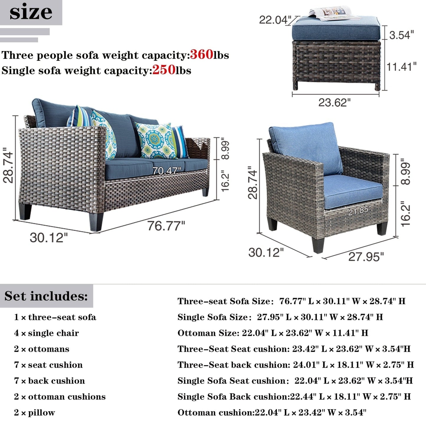 OVIOS 7-piece Patio Outdoor Wicker Conversation Set