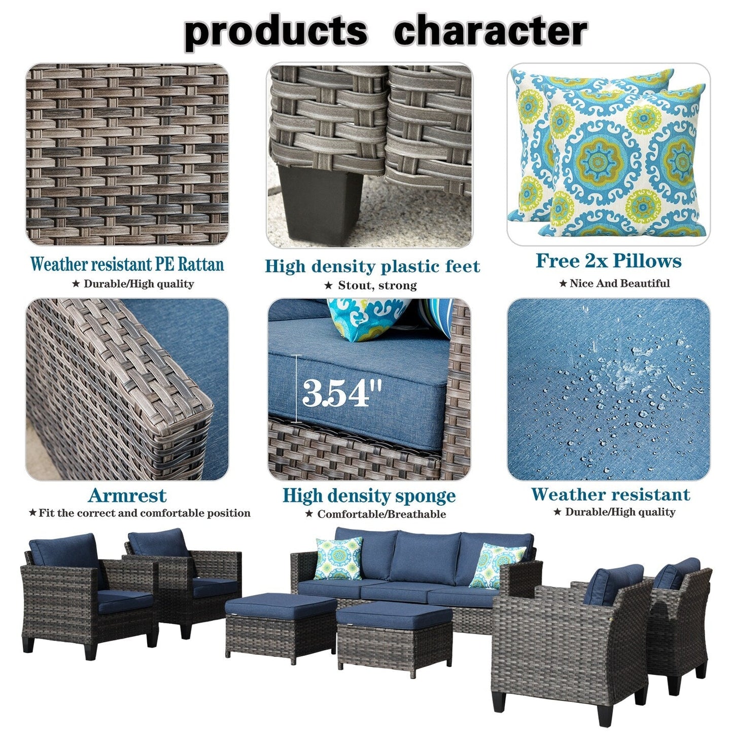 OVIOS 7-piece Patio Outdoor Wicker Conversation Set