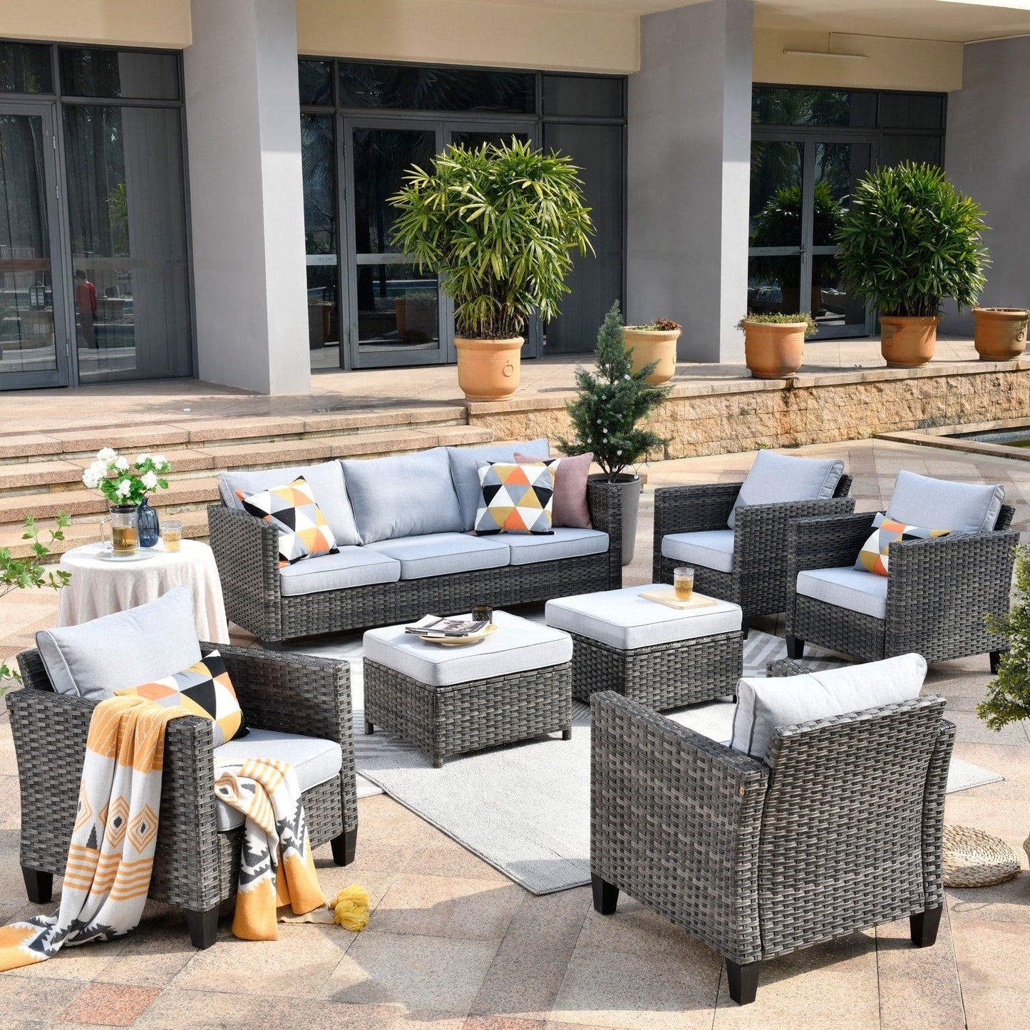 OVIOS 7-piece Patio Outdoor Wicker Conversation Set