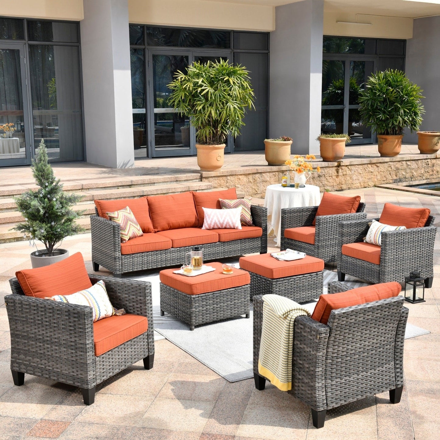 OVIOS 7-piece Patio Outdoor Wicker Conversation Set