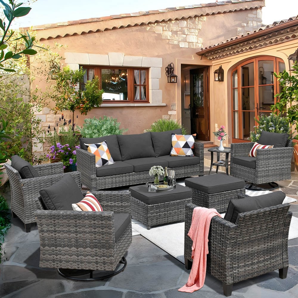 OVIOS 8-piece Patio Wicker Conversation Furniture Set with Swivel Chairs