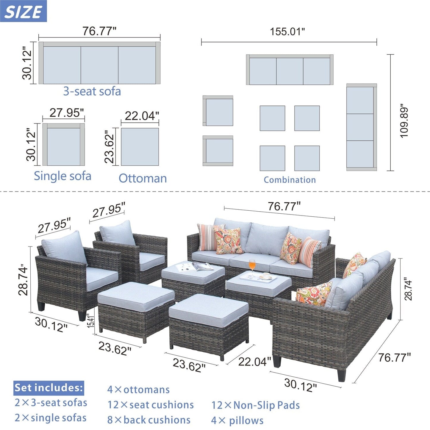 OVIOS 8-piece Patio Wicker Outdoor High-back Sectional Furniture Set