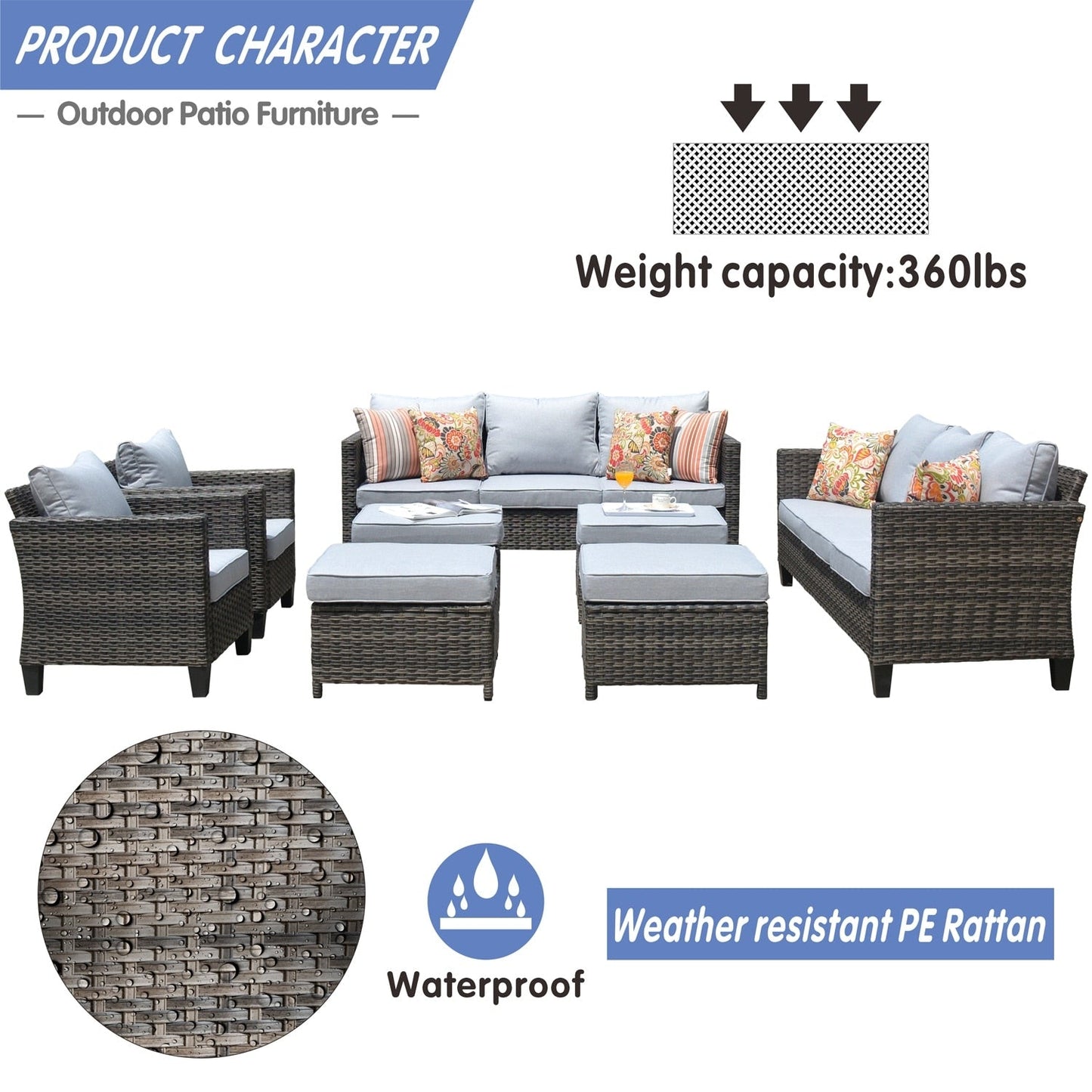 OVIOS 8-piece Patio Wicker Outdoor High-back Sectional Furniture Set