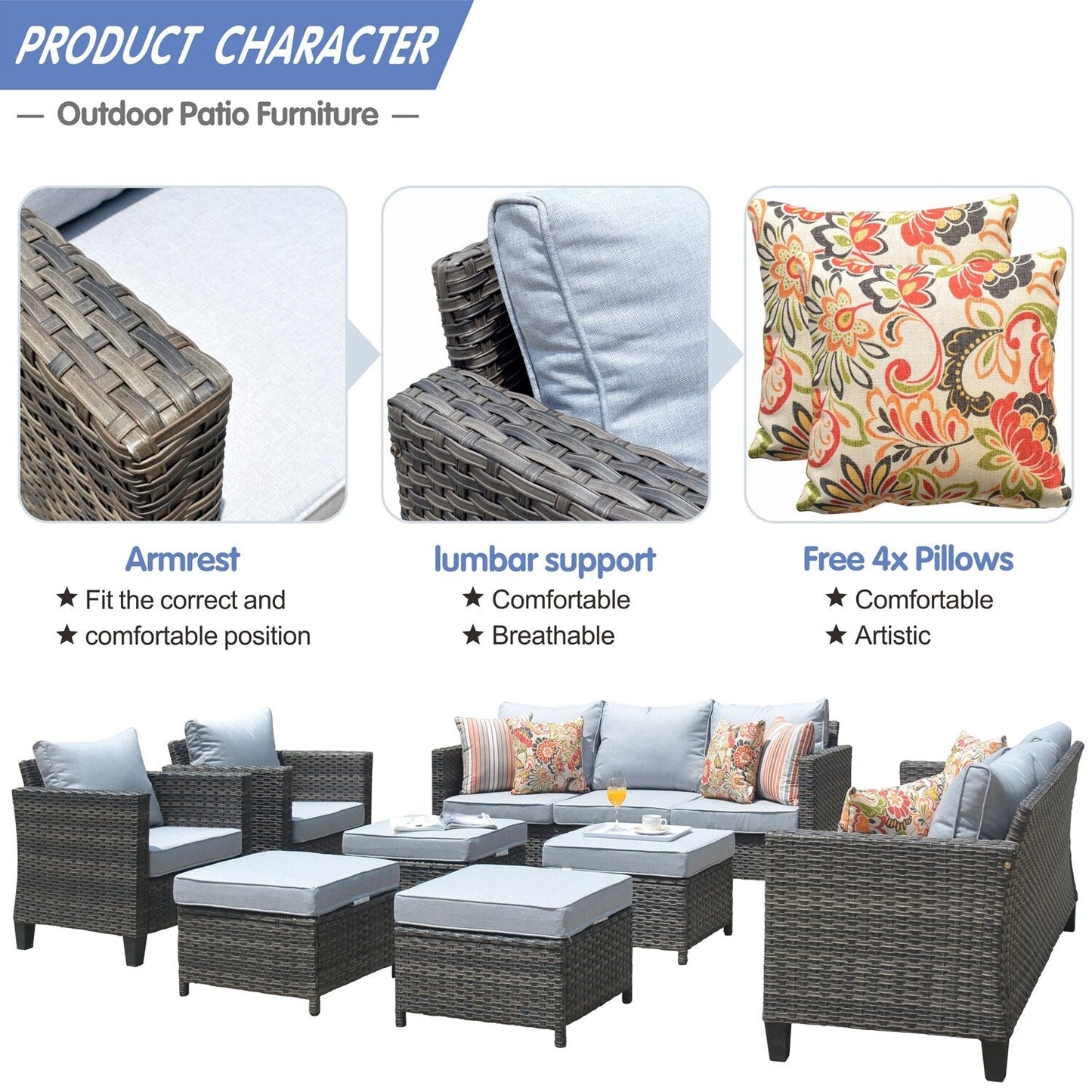 OVIOS 8-piece Patio Wicker Outdoor High-back Sectional Furniture Set