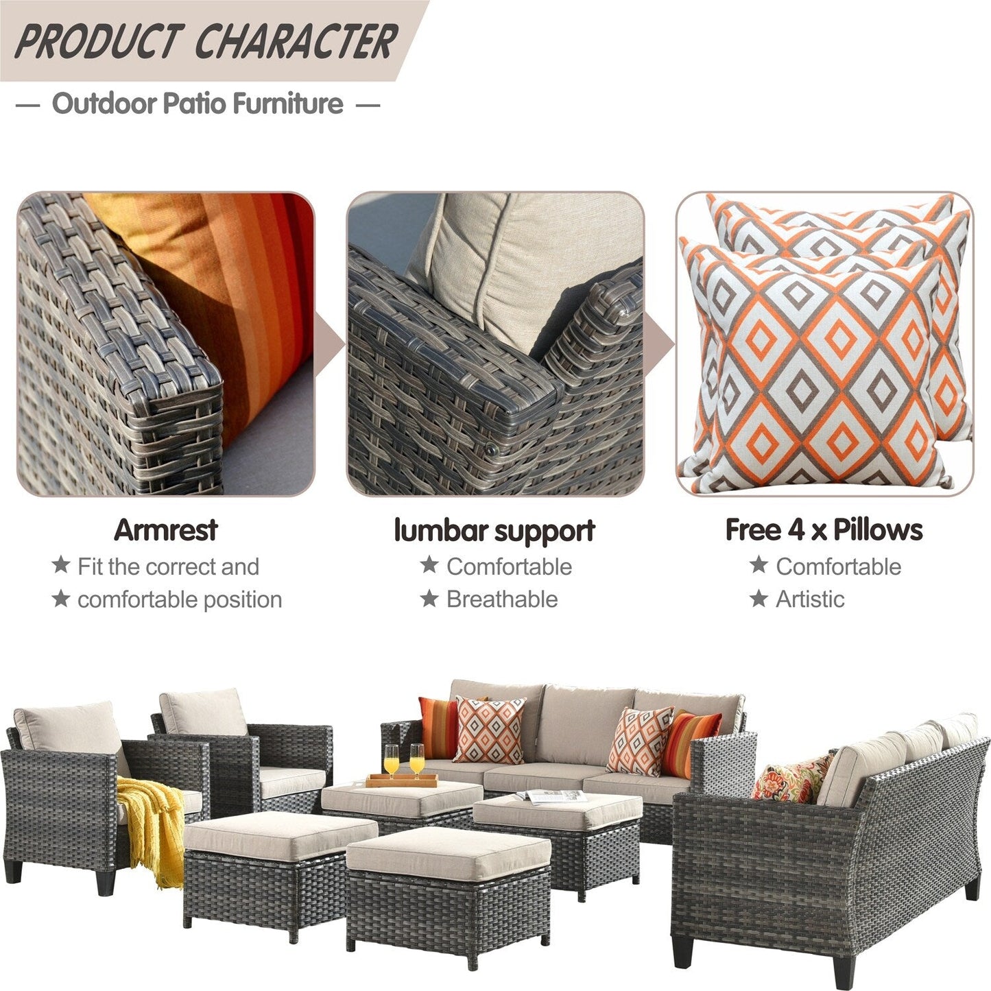OVIOS 8-piece Patio Wicker Outdoor High-back Sectional Furniture Set