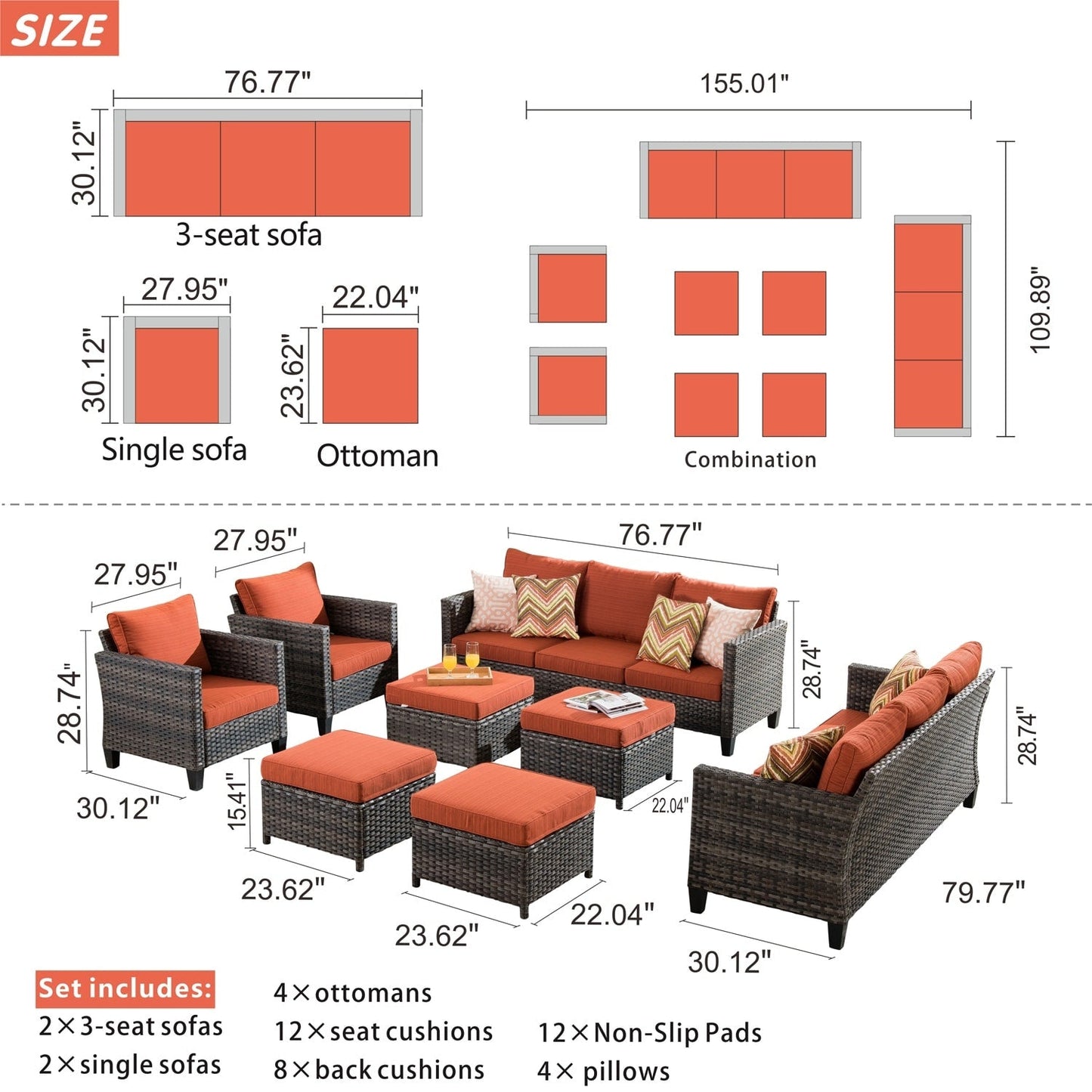 OVIOS 8-piece Patio Wicker Outdoor High-back Sectional Furniture Set