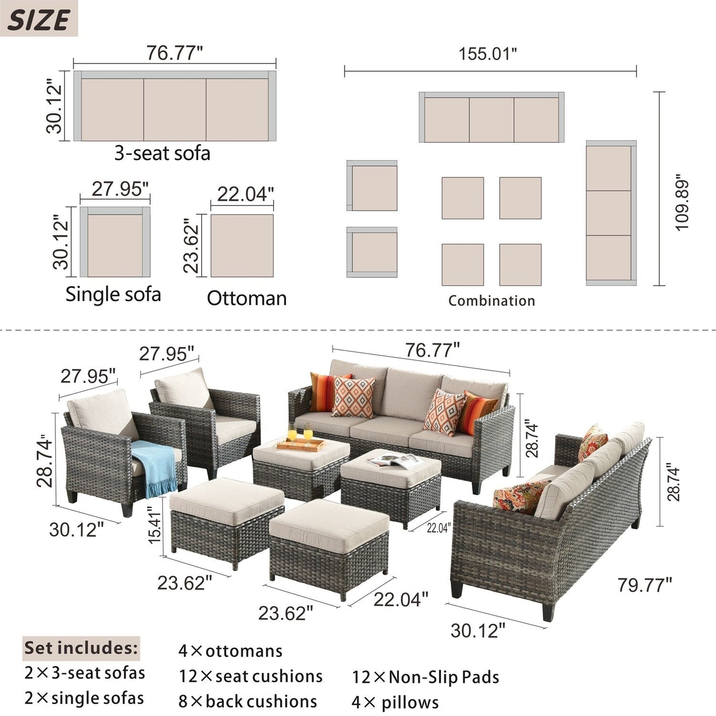 OVIOS 8-piece Patio Wicker Outdoor High-back Sectional Furniture Set