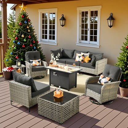 OVIOS 9 Pieces Outdoor Wicker Swivel Chair Set With Fire Table