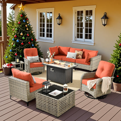 OVIOS 9 Pieces Outdoor Wicker Swivel Chair Set With Fire Table