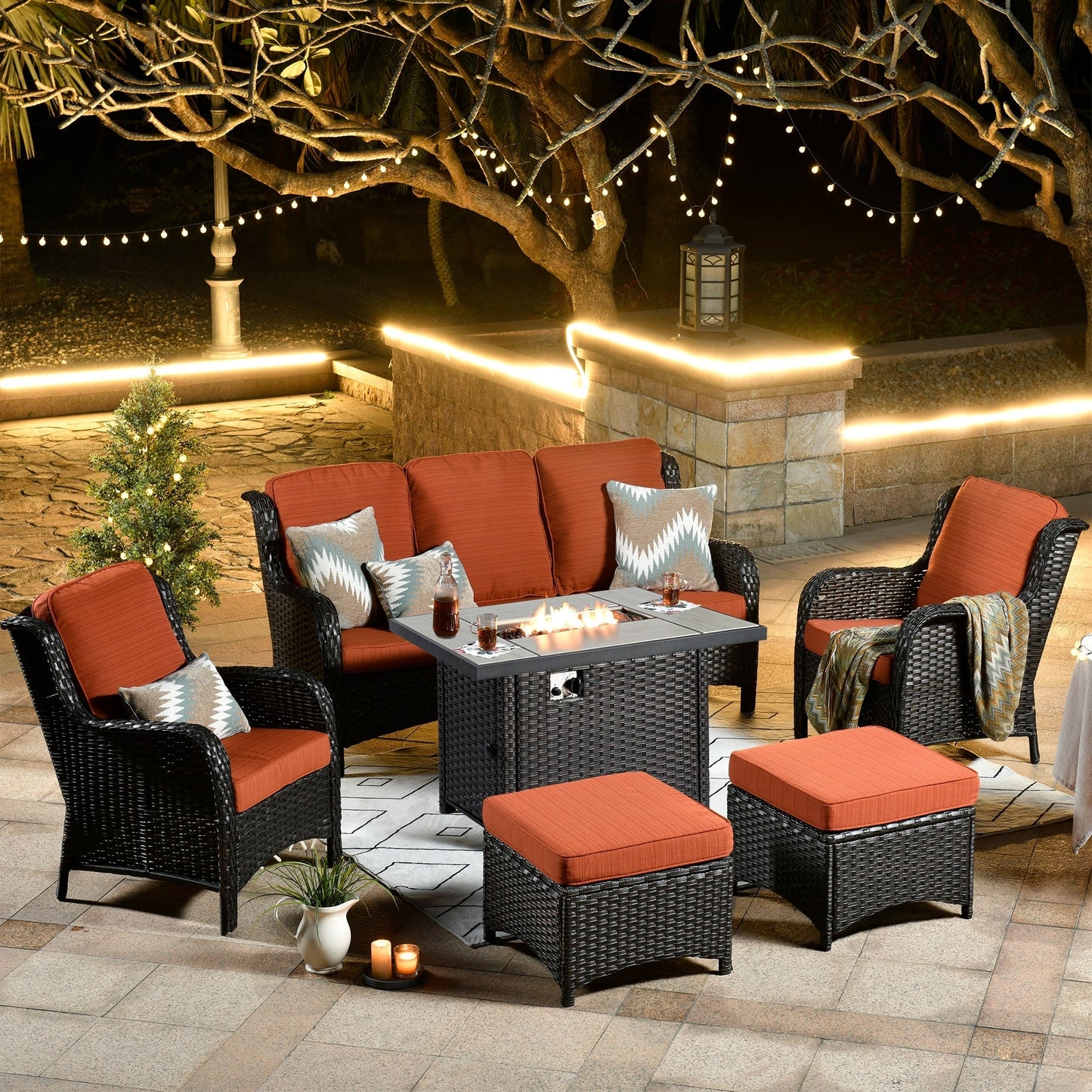 OVIOS 6-piece Patio Wicker Furniture Set With 42 Fire Pit Table
