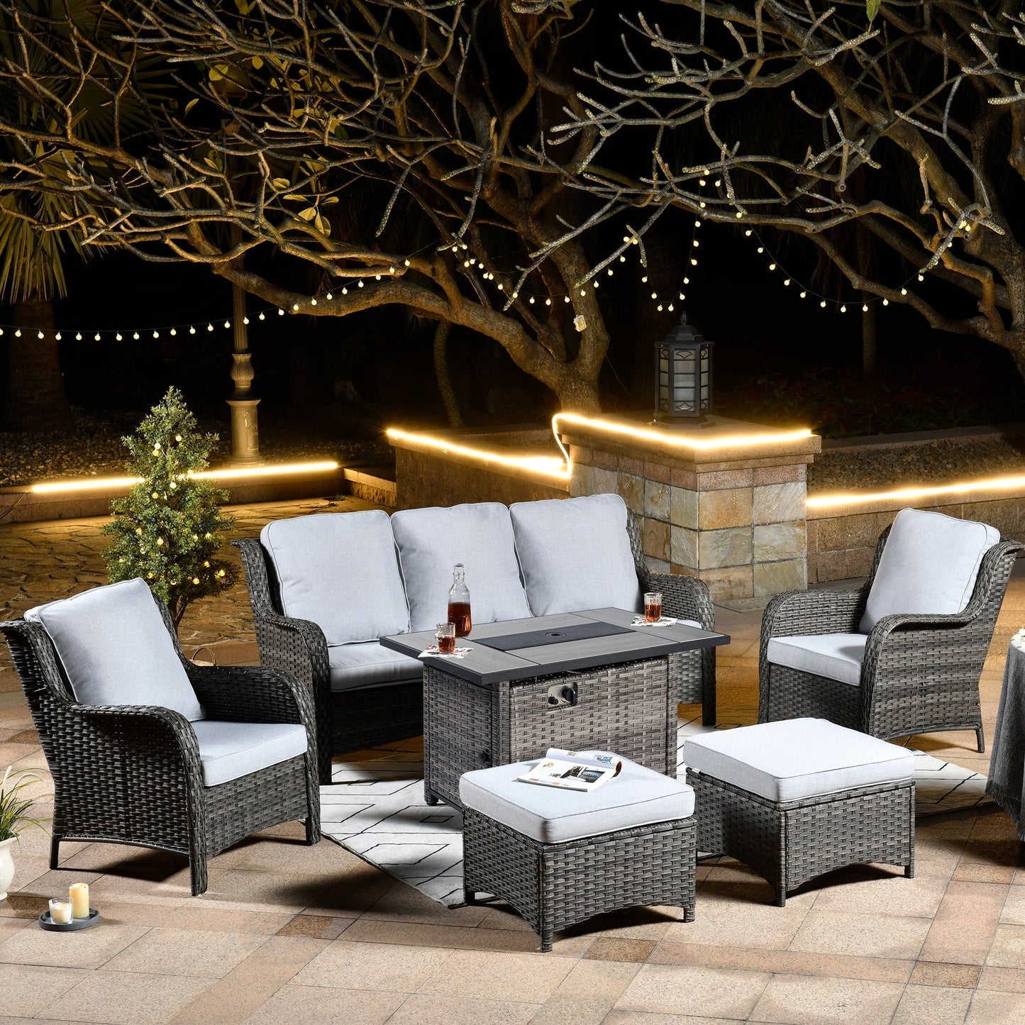 OVIOS Grey Wicker 6-piece Patio Furniture Set With Rectangular Fire Pit