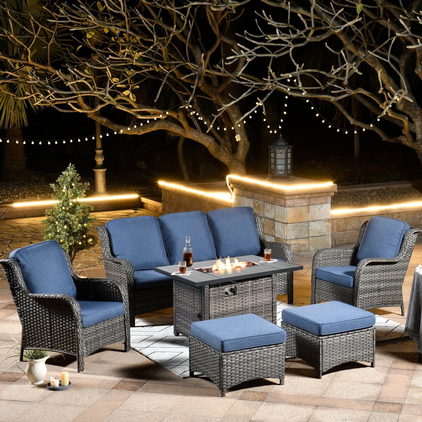 OVIOS Grey Wicker 6-piece Patio Furniture Set With Rectangular Fire Pit