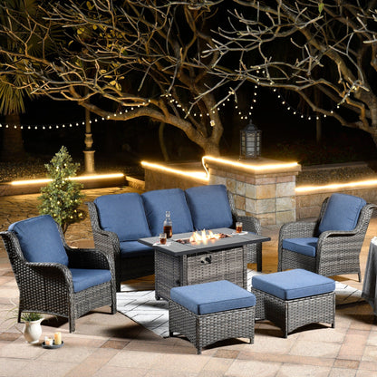 OVIOS Grey Wicker 6-piece Patio Furniture Set With Rectangular Fire Pit