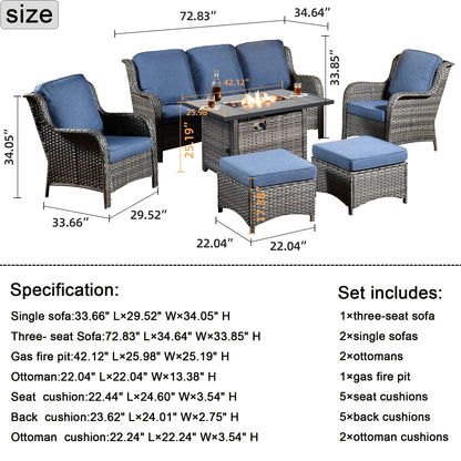 OVIOS Grey Wicker 6-piece Patio Furniture Set With Rectangular Fire Pit