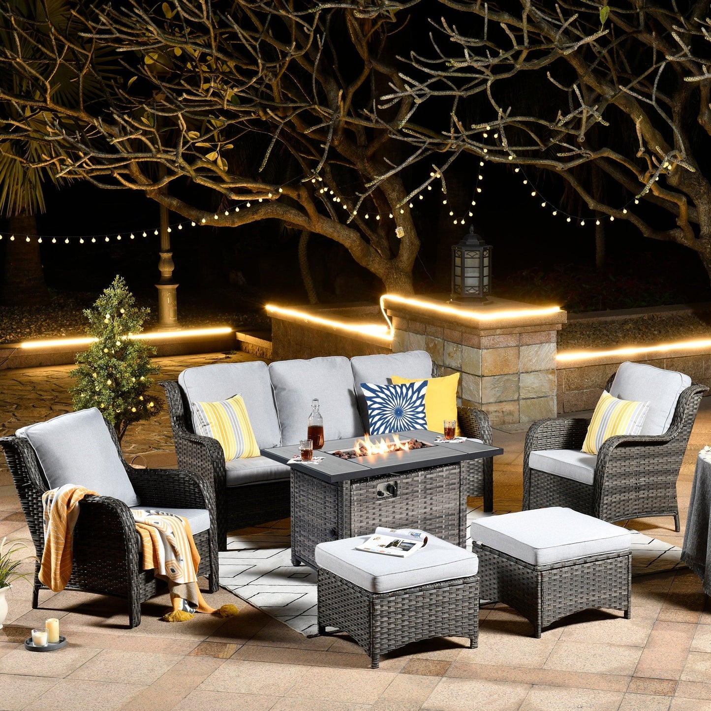 OVIOS Grey Wicker 6-piece Patio Furniture Set With Rectangular Fire Pit