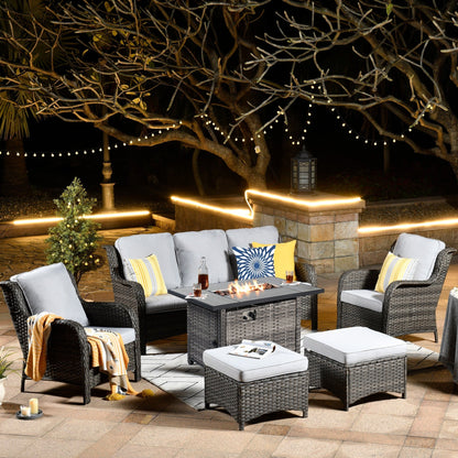 OVIOS Grey Wicker 6-piece Patio Furniture Set With Rectangular Fire Pit