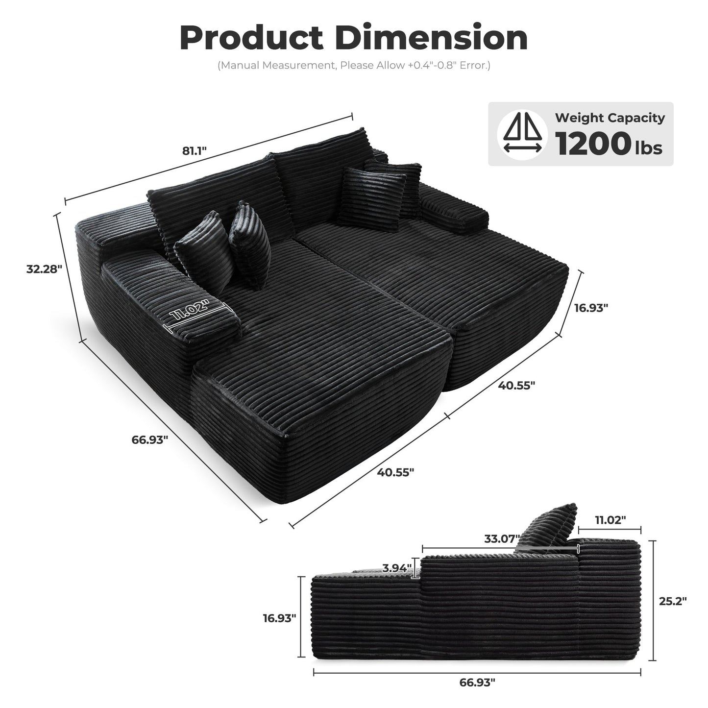 OVIOS Long Plush No Assembly Required Double Chaise Sofa