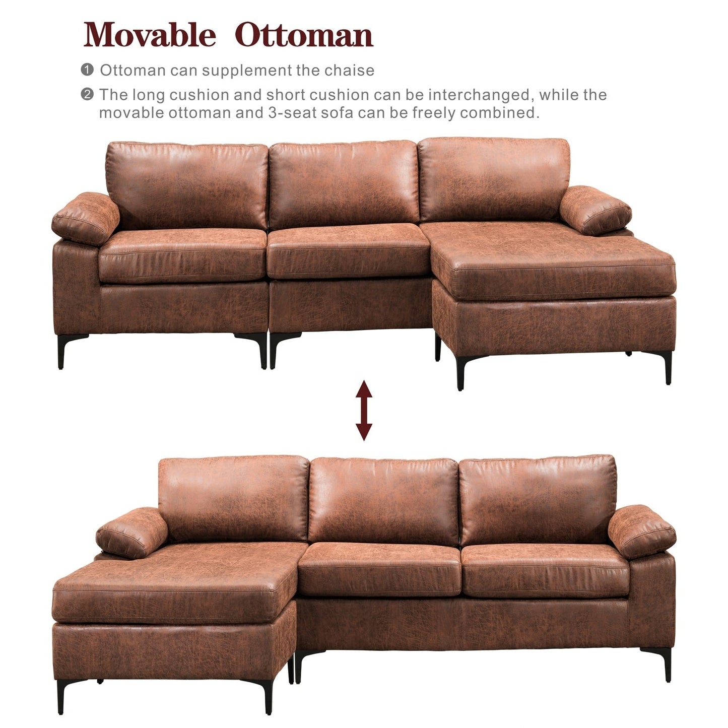 OVIOS Reversible Chaise Sofa With Fluffy Cushions Metal Legs
