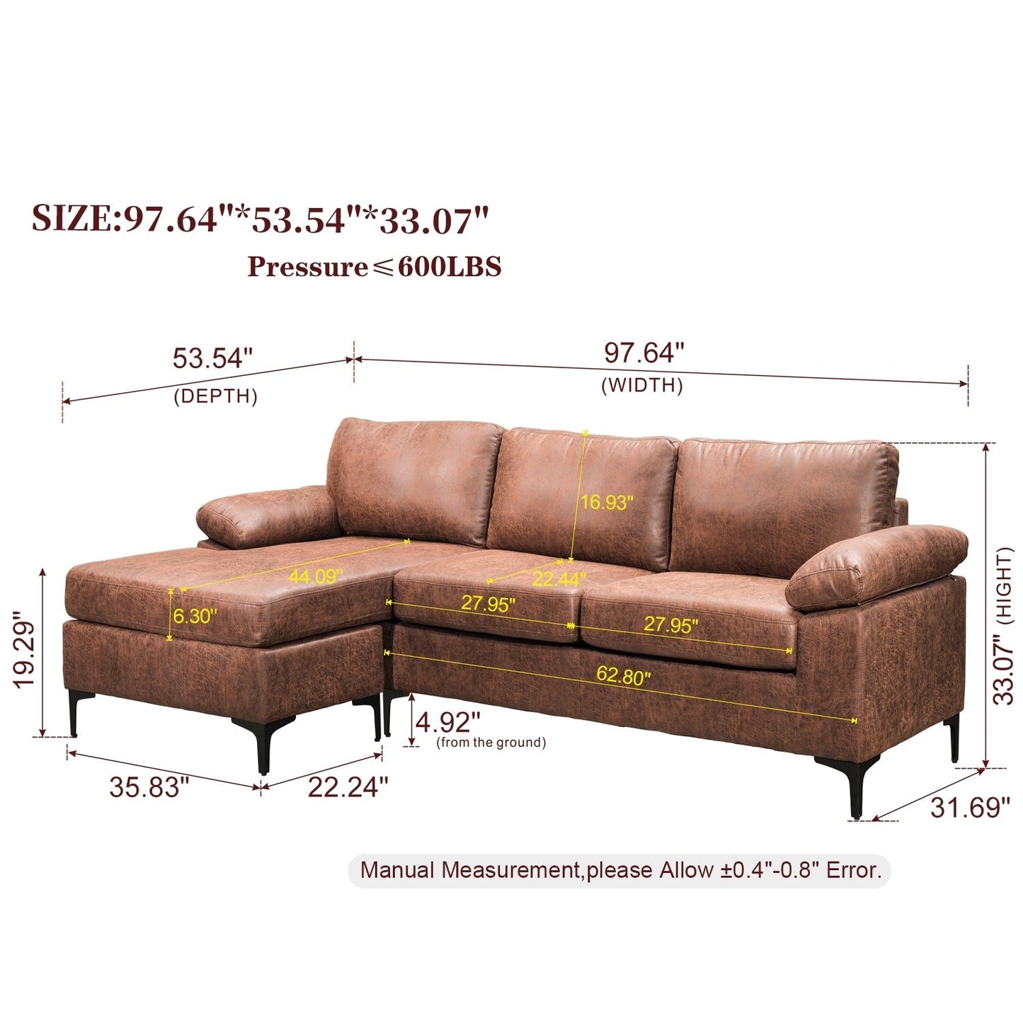 OVIOS Reversible Chaise Sofa With Fluffy Cushions Metal Legs