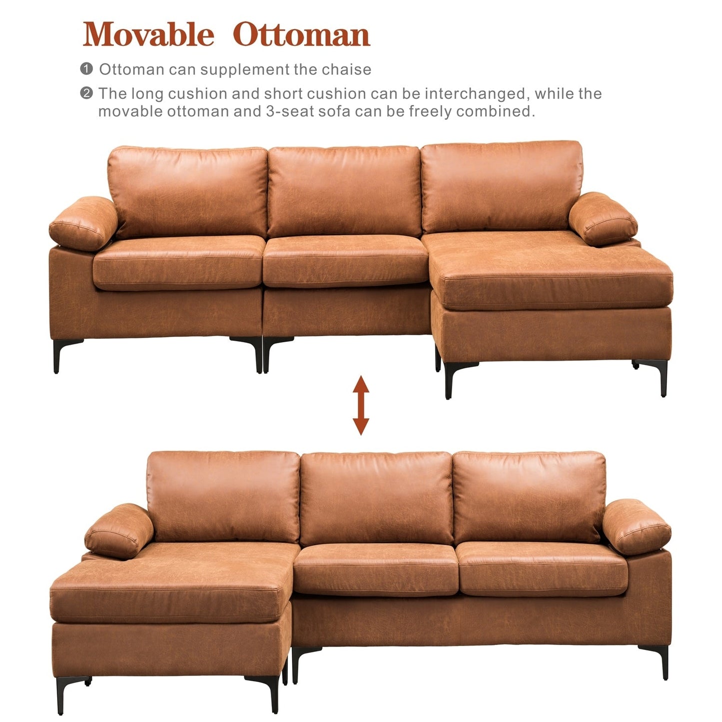 OVIOS Reversible Chaise Sofa With Fluffy Cushions Metal Legs
