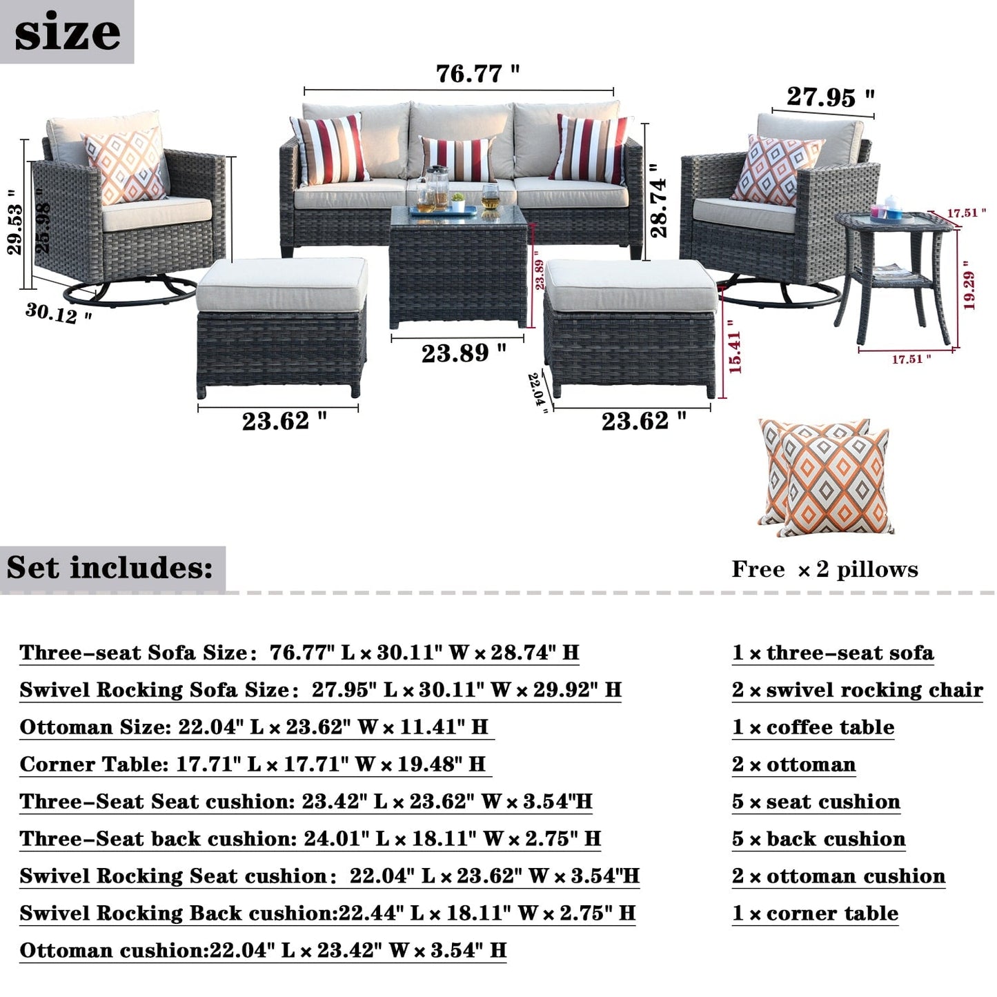 OVIOS 7-piece Patio Furniture Wicker Set with Swivel Rocking Chairs