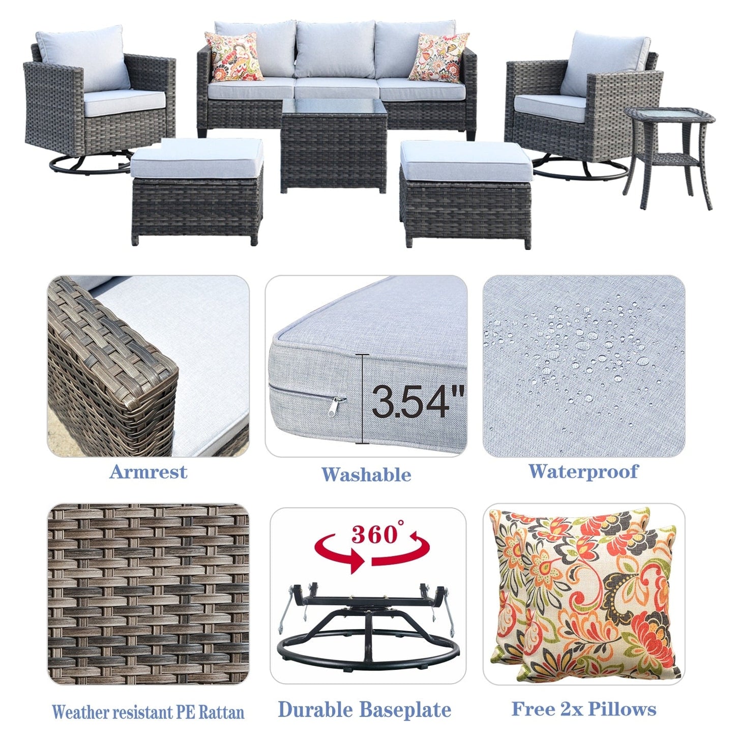 OVIOS 7-piece Patio Furniture Wicker Set with Swivel Rocking Chairs