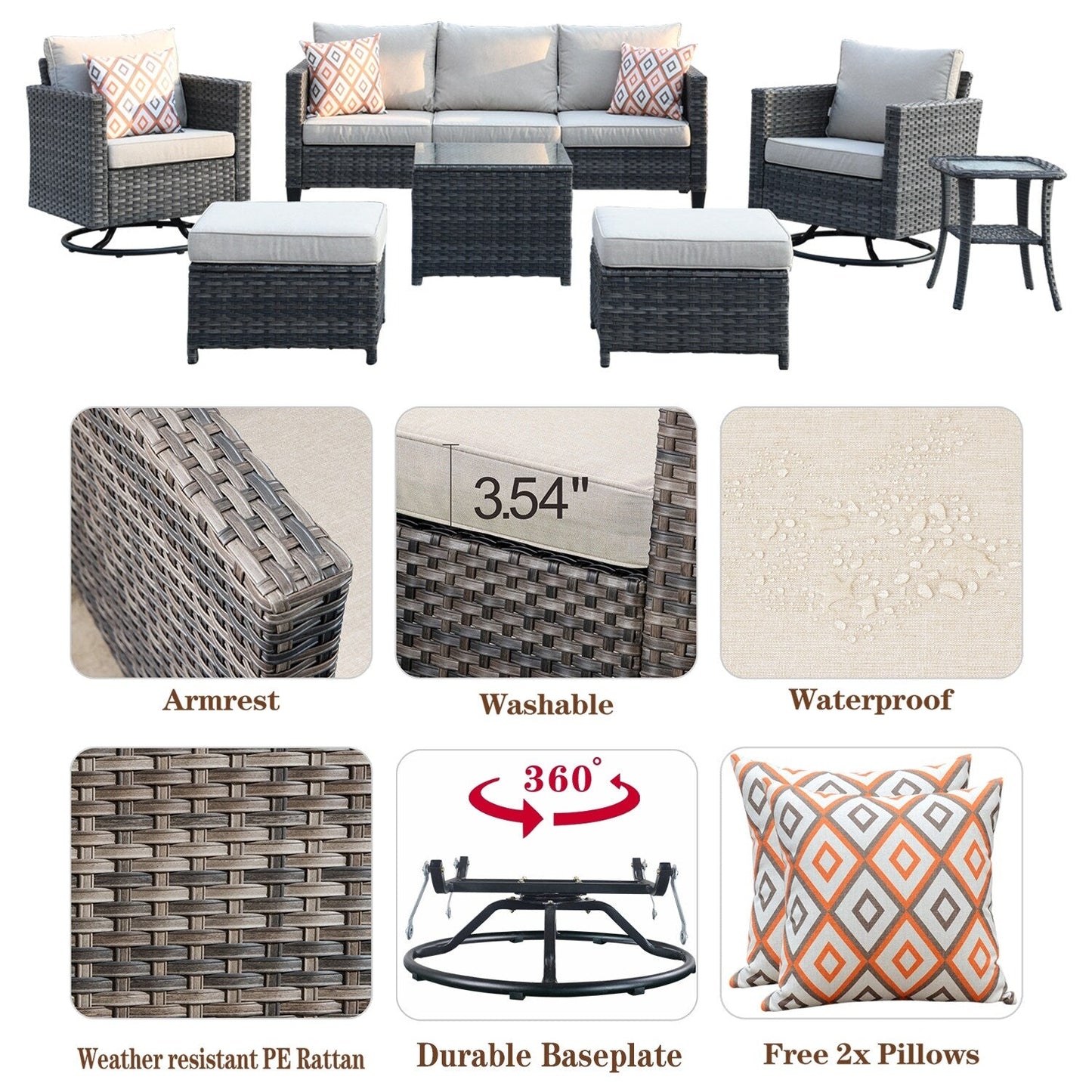 OVIOS 7-piece Patio Furniture Wicker Set with Swivel Rocking Chairs