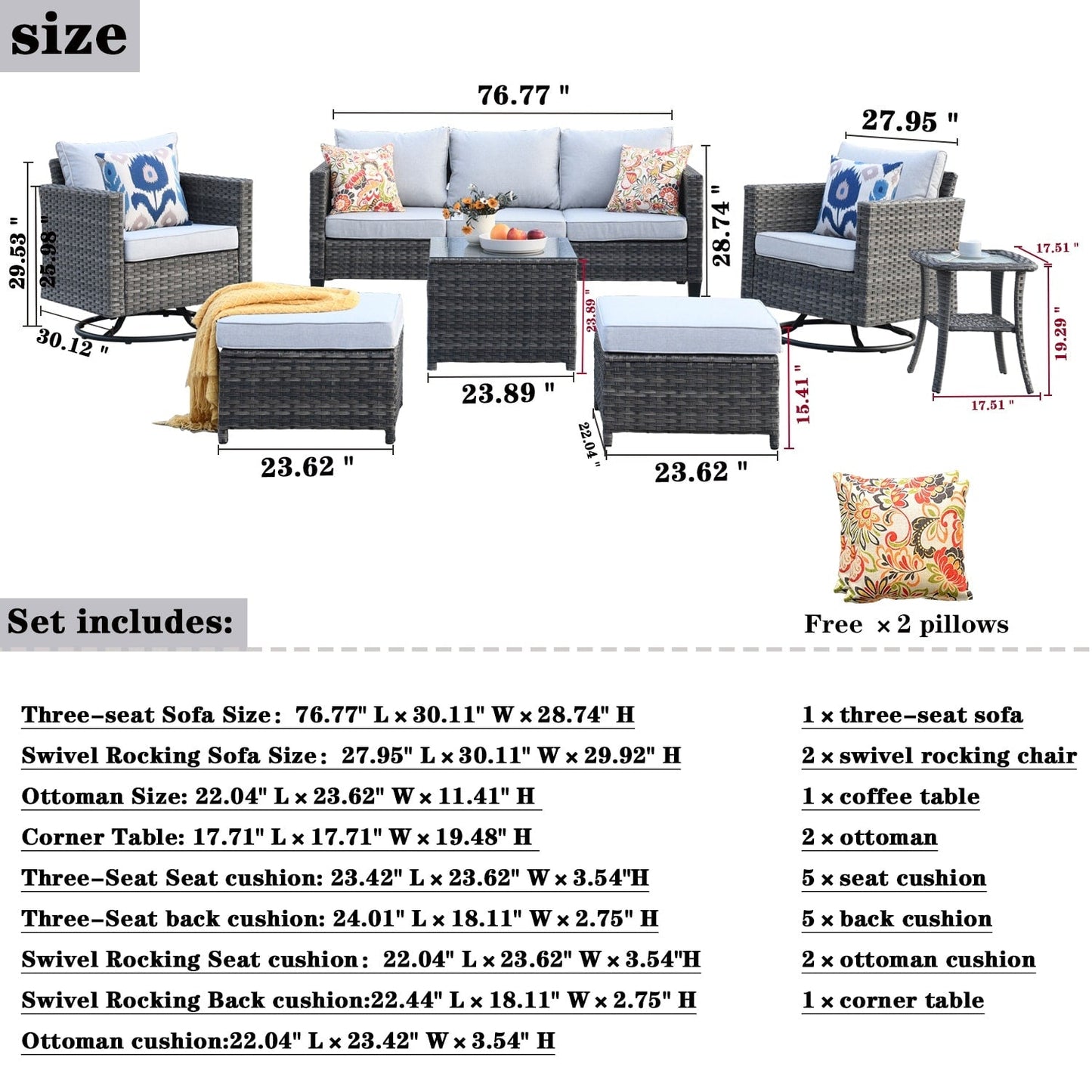OVIOS 7-piece Patio Furniture Wicker Set with Swivel Rocking Chairs