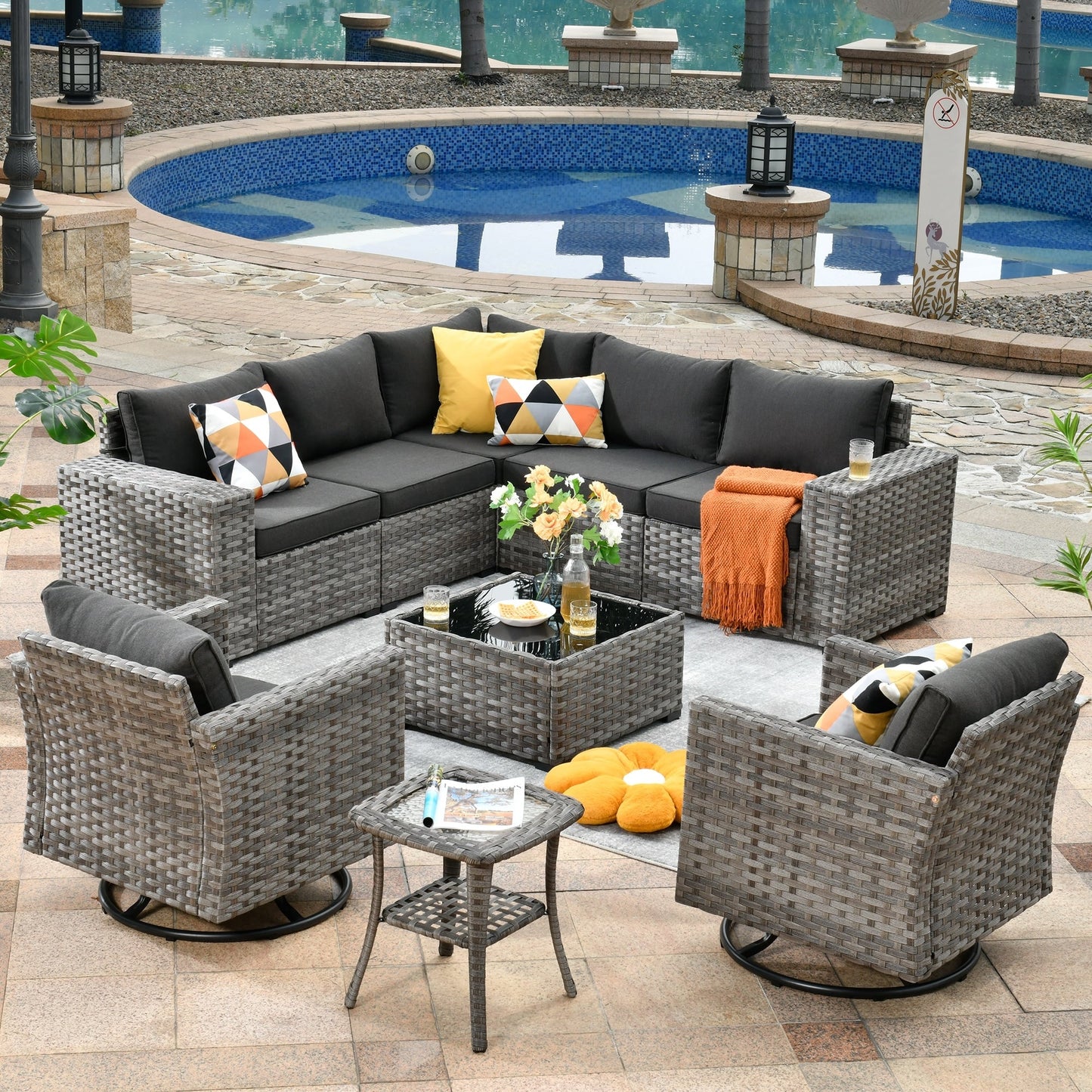OVIOS 9-piece Patio Wicker Swivel Rocking Chair Set with Glass-Top Tables