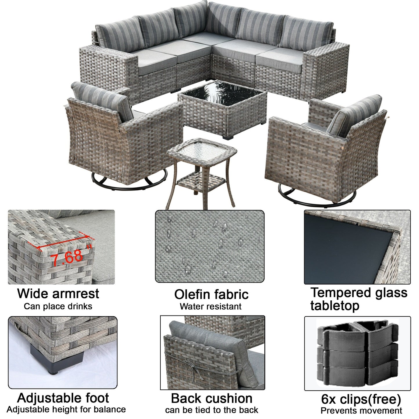 OVIOS 9-piece Patio Wicker Swivel Rocking Chair Set with Glass-Top Tables