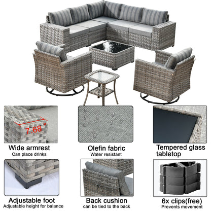 OVIOS 9-piece Patio Wicker Swivel Rocking Chair Set with Glass-Top Tables