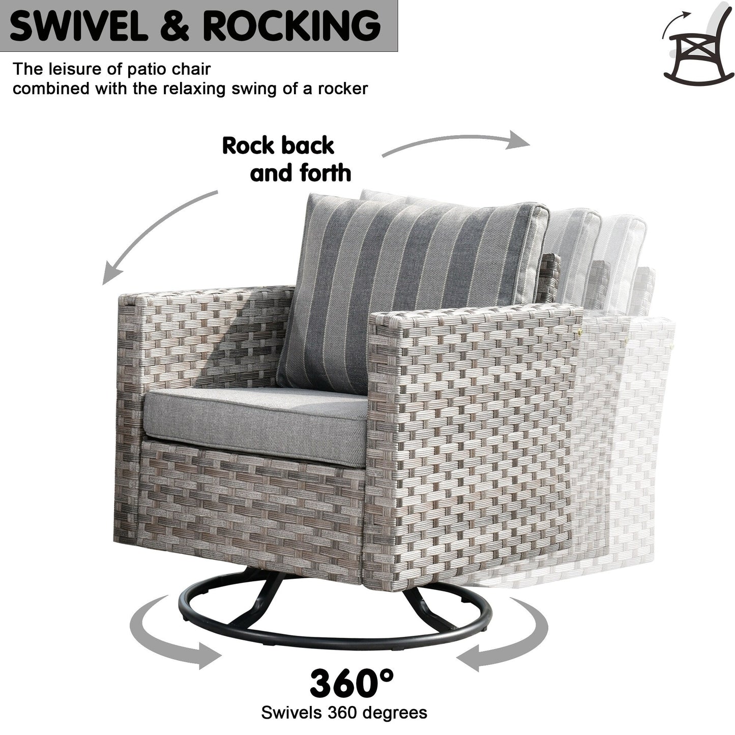 OVIOS 9-piece Patio Wicker Swivel Rocking Chair Set with Glass-Top Tables