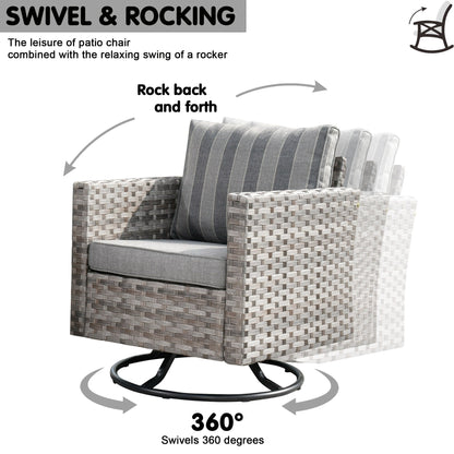 OVIOS 9-piece Patio Wicker Swivel Rocking Chair Set with Glass-Top Tables