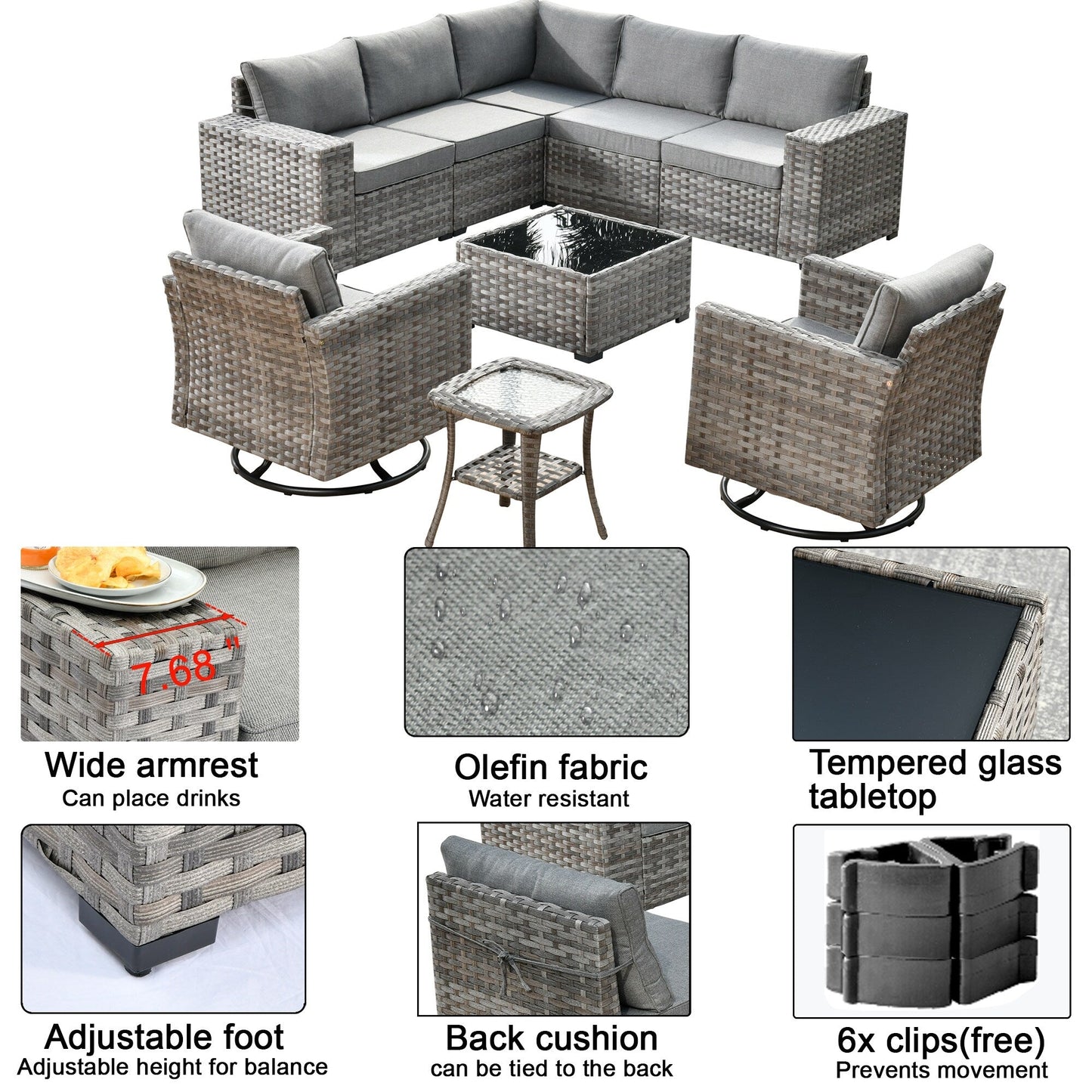 OVIOS 9-piece Patio Wicker Swivel Rocking Chair Set with Glass-Top Tables