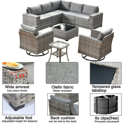 OVIOS 9-piece Patio Wicker Swivel Rocking Chair Set with Glass-Top Tables