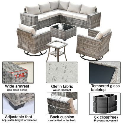OVIOS 9-piece Patio Wicker Swivel Rocking Chair Set with Glass-Top Tables