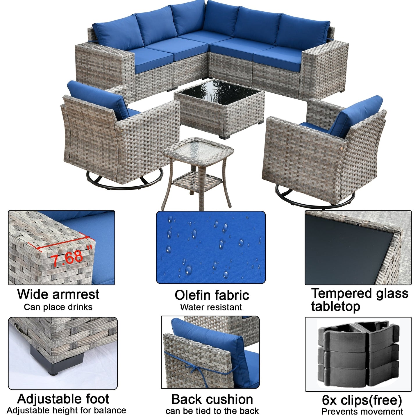 OVIOS 9-piece Patio Wicker Swivel Rocking Chair Set with Glass-Top Tables